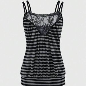 SHEIN Black and Gray Striped Lace Tank Top